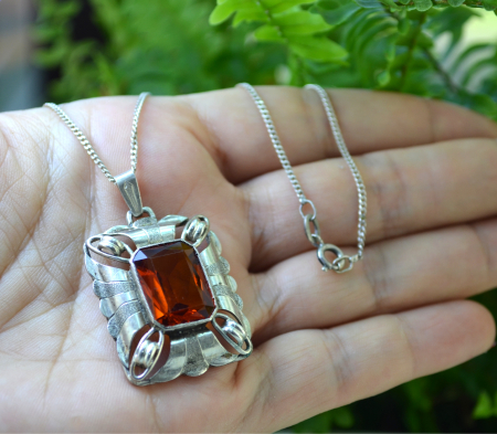 Lant argint cu pandant argint interbelic, Bohemian Cognac Crystal [1]