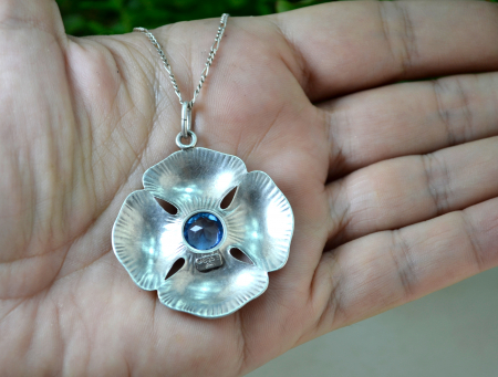 Lant argint pandant argint interbelic anturaj Czech Blue Aquamarine Bohemian Glass design floral Art Nouveau [2]