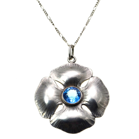 Coliere si lanturi argint - Lant argint pandant argint interbelic anturaj Czech Blue Aquamarine Bohemian Glass design floral Art Nouveau