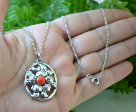 Lant argint cu pandant argint vechi Jugendstil, Coral [1]