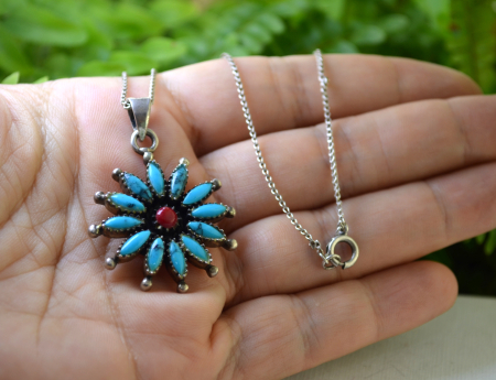 Lant argint cu pandant argint Navajo, turcoaz si coral [1]