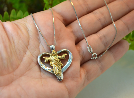 Lant argint cu pandant argint religios Inima lui Iisus decorat elemente aurite [2]