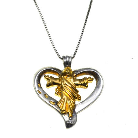 Coliere si lanturi argint - Lant argint cu pandant argint religios Inima lui Iisus decorat elemente aurite