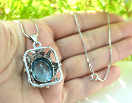 Lant argint cu pandant argint vechi, Acvamarin Crystal Glass [2]