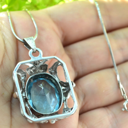 Lant argint cu pandant argint vechi, Acvamarin Crystal Glass [2]