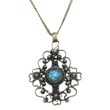 Coliere si lanturi argint - Lant argint pandant argint vintage lucrat filigran decorat turcoaz
