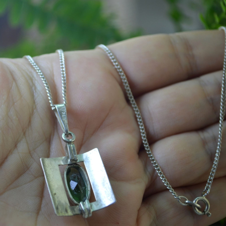 Lant argint cu pandant Art Deco, Green Bohemian Crystal, semnat Teka A Vintage Collection [2]