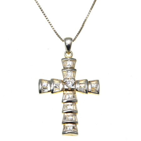 Coliere si lanturi argint - Lant argint pandant cruce argint vintage CZ cristale cubic zirconia Baguette