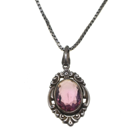 Bijuterii de colectie - Lant argint cu pandant interbelic, Bohemian Amethyst Crystal A Vintage Collection