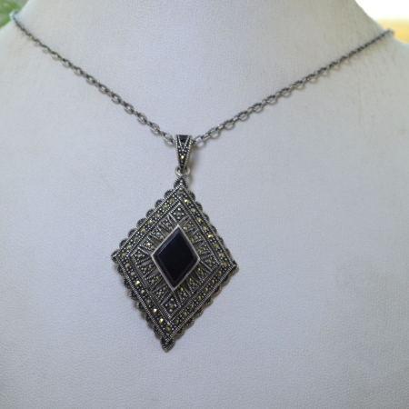 Lant argint cu pandant Onix si Marcasite, Art Deco A Vintage Collection [3]