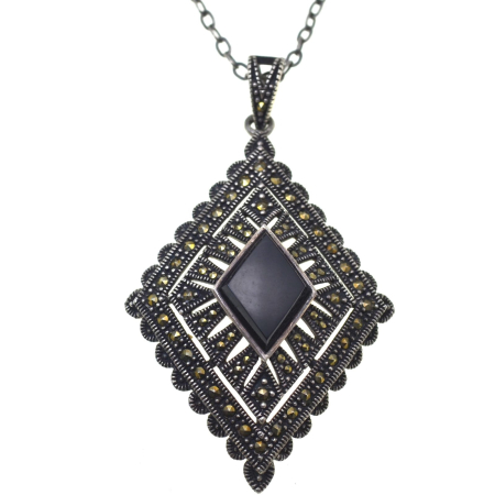 REDUCERI - Lant argint cu pandant Onix si Marcasite, Art Deco A Vintage Collection