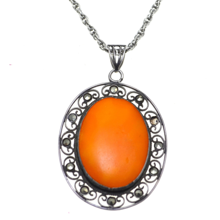 Coliere si lanturi argint -  Lant argint cu pandantiv vintage, Chihlimbar Butterscotch