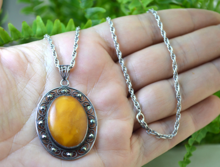  Lant argint cu pandantiv vintage, Chihlimbar Butterscotch [1]