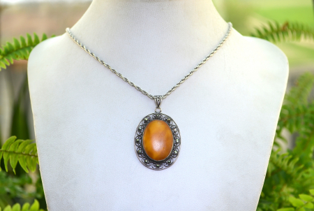  Lant argint cu pandantiv vintage, Chihlimbar Butterscotch [3]