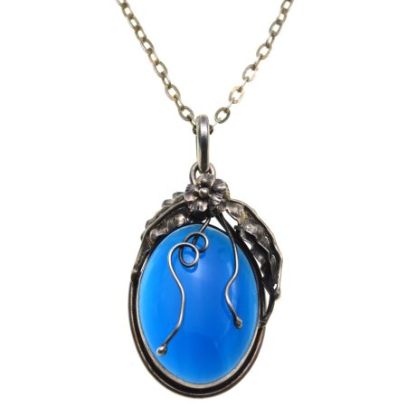 Pietre semipretioase si pretioase - Lant argint lung cu pandant argint vintage, Blue Chalcedony