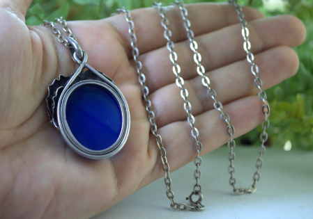 Lant argint lung cu pandant argint vintage, Blue Chalcedony [3]
