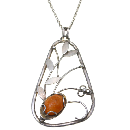 Colectia Art Nouveau - Lant argint lung  cu pandantiv argint Art Nouveau, chihlimbar natural