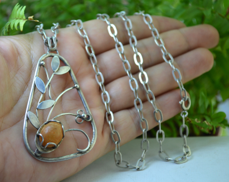 Lant argint lung  cu pandantiv argint vintage, chihlimbar natural [1]