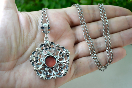 Lant argint lung pandant vintage, Coral [2]