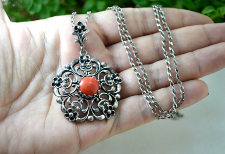 Lant argint lung pandant vintage, Coral [1]