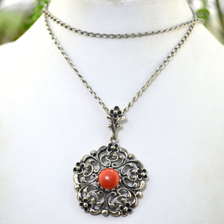 Lant argint lung pandant vintage, Coral [3]
