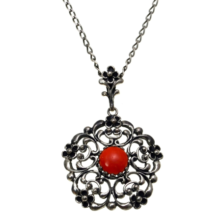 Coliere si lanturi argint - Lant argint lung pandant vintage, Coral