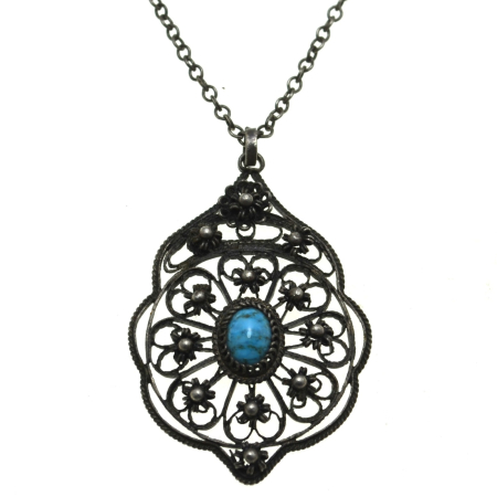 Coliere si lanturi argint - Lant argint lung pandant vintage filigran turcoaz