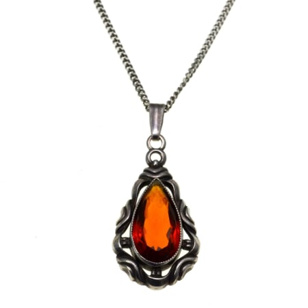 Coliere si lanturi argint - Lant argint pandant argint interbelic Bohemian Cognac Crystal semnata atelier german art nouveau art deco