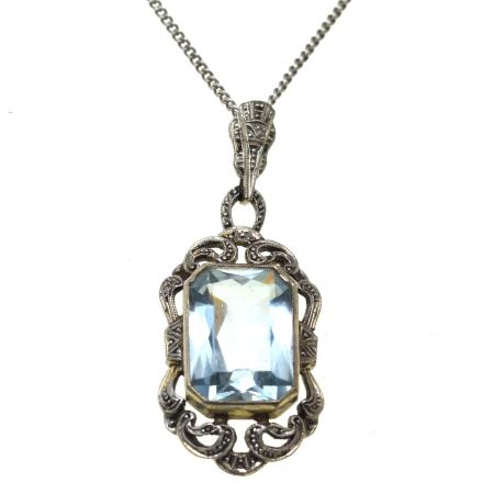 Coliere si lanturi argint - Lant argint cu pandant interbelic, Acvamarin Crystal