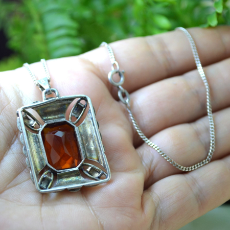 Lant argint cu pandant argint interbelic, Bohemian Cognac Crystal [2]