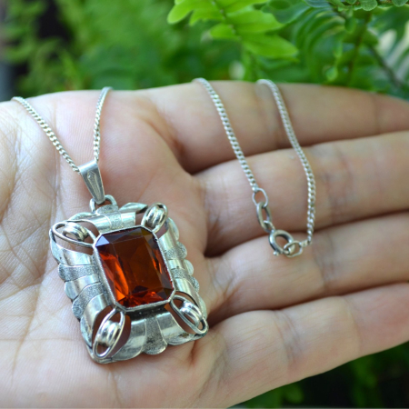 Lant argint cu pandant argint interbelic, Bohemian Cognac Crystal [1]