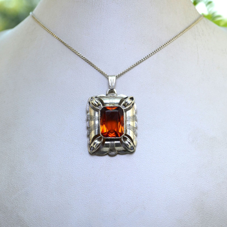 Lant argint cu pandant argint interbelic, Bohemian Cognac Crystal [3]