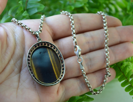 Lant cu pandant aurit vechi, pandant Ochi de tigru [2]