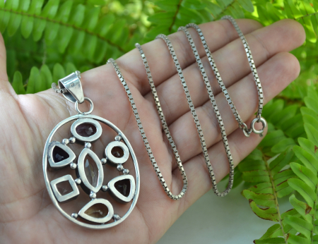 Lant lung argint pandantargint masiv pietre naturale ametist citrine cuart fumuriu topaz [2]