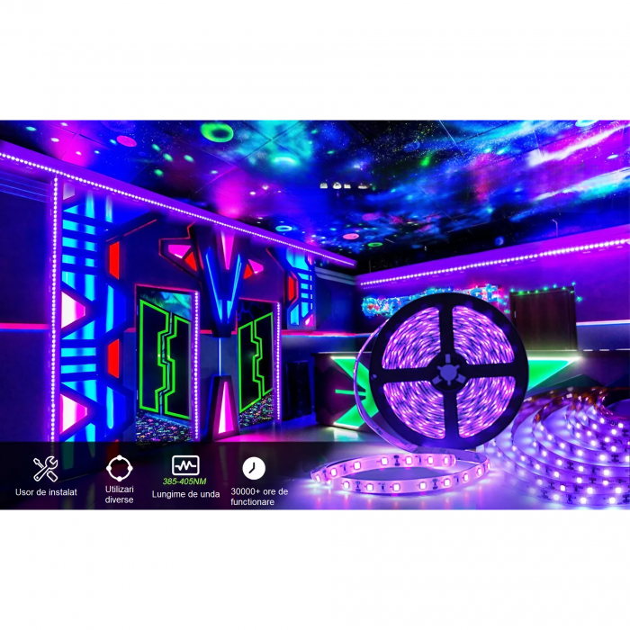 Banda LED cu lumina UV AxaCube®, rezistenta la apa IP65, LED SMD 2835, fixare prin lipire, 5 metri, 300 LED-uri, adaptor 12V inclus [7]