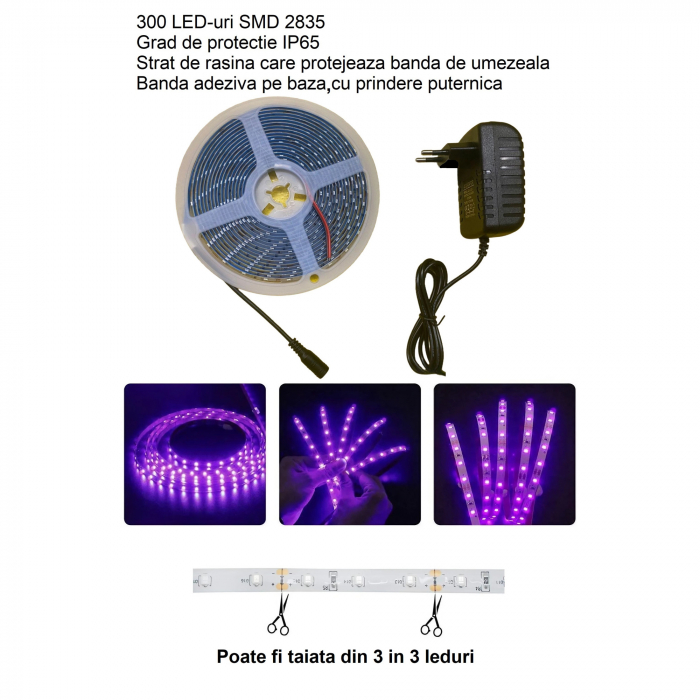 Banda LED cu lumina UV AxaCube®, rezistenta la apa IP65, LED SMD 2835, fixare prin lipire, 5 metri, 300 LED-uri, adaptor 12V inclus [4]