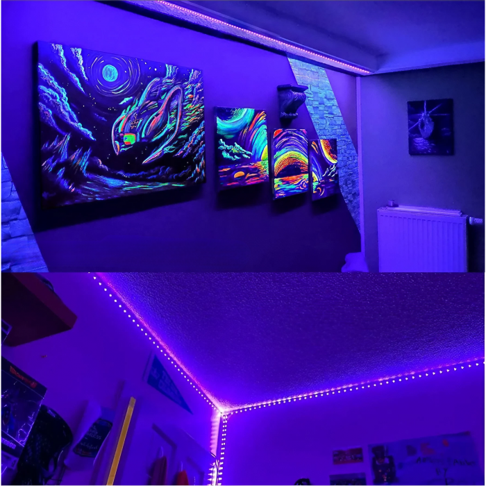 Banda LED cu lumina UV AxaCube®, rezistenta la apa IP65, LED SMD 2835, fixare prin lipire, 5 metri, 300 LED-uri, adaptor 12V inclus [8]