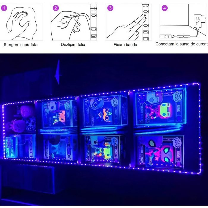 Banda LED cu lumina UV AxaCube®, rezistenta la apa IP65, LED SMD 2835, fixare prin lipire, 5 metri, 300 LED-uri, adaptor 12V inclus [5]