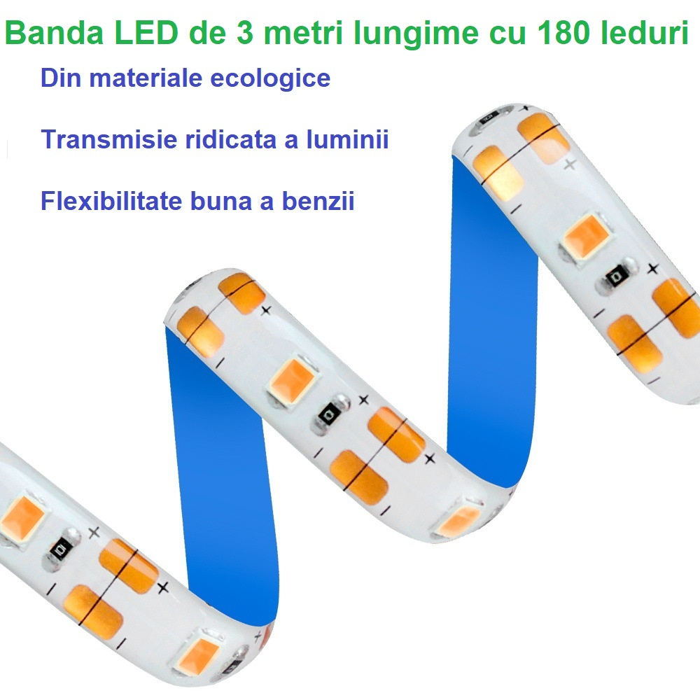 Banda led pentru cresterea plantelor, lumina roz-violet, rezistenta la apa, conectare usb, fixare prin lipire, 3 metri, 180 leduri [8]