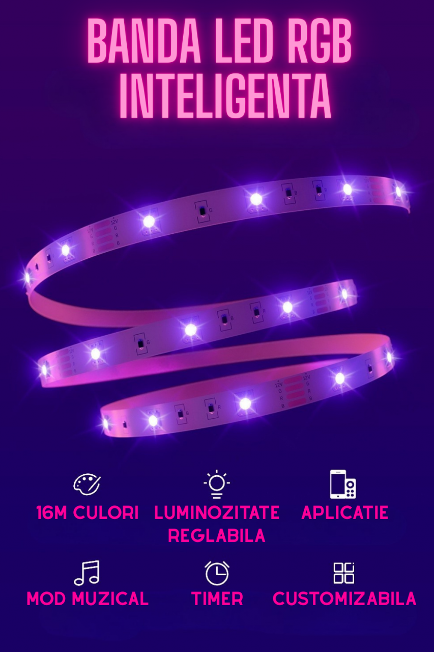 Banda led RGB AxaCube, lungime 5 metri, fixare adeziva, bluetooth, control prin telecomanda si aplicatie, pentru interior, IP20, mod muzica, timer, luminozitate reglabila [6]