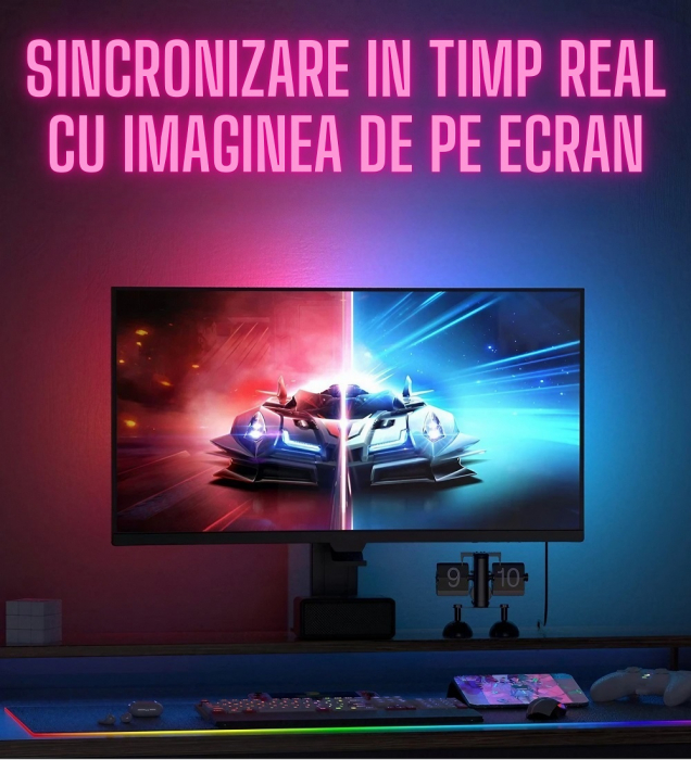Banda led smart AxaCube® pentru monitor calculator de 27 inch, RGB, sincronizare lumini, backlight, control prin aplicatie dedicata si telecomanda pe fir, conexiune USB, compatibil Windows si Mac OS [3]