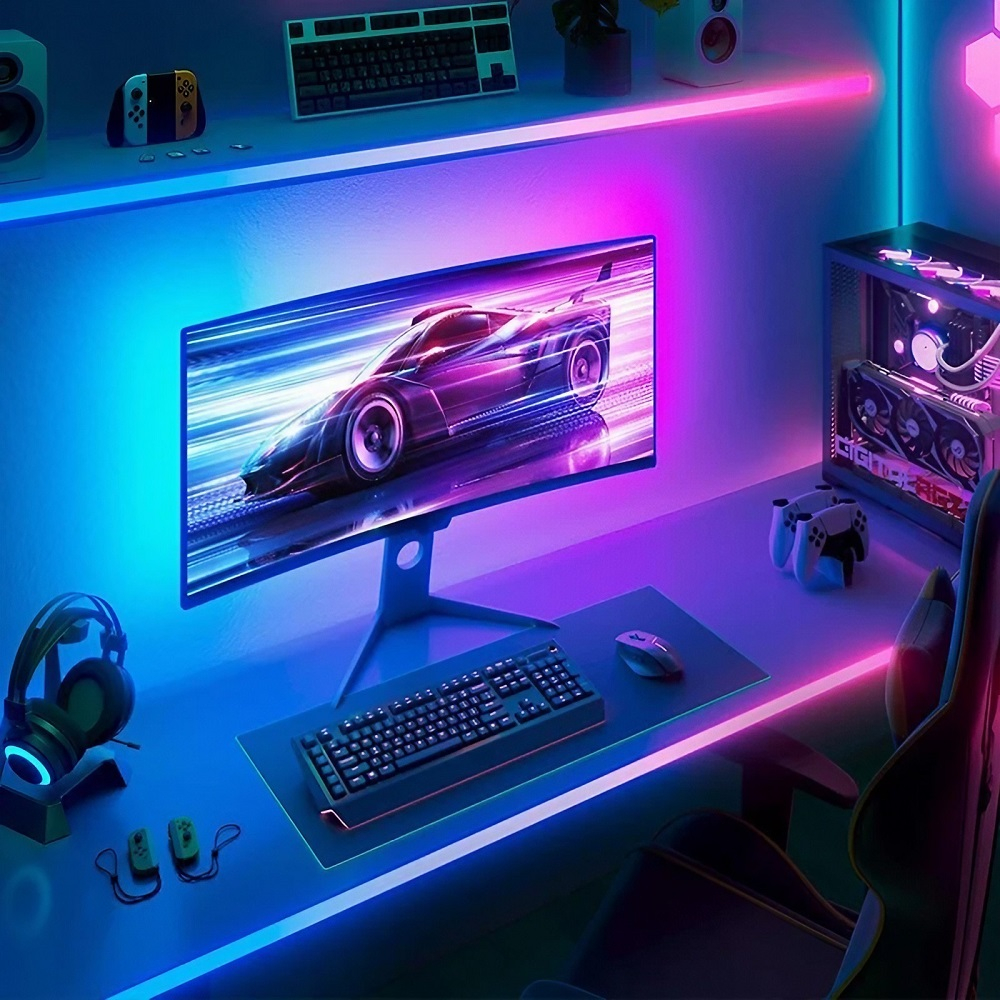 Banda led smart AxaCube® pentru monitor calculator de 34 inch, RGB, sincronizare lumini, backlight, control prin aplicatie dedicata si telecomanda pe fir, conexiune USB, compatibil Windows si Mac OS [10]