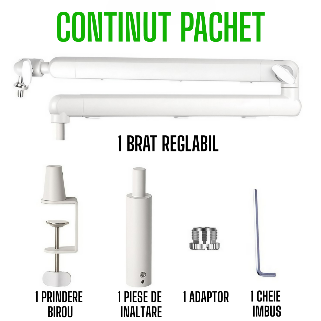 Brat pentru microfon AxaCube®, suport reglabil, rotatie 360°, corp aluminiu, tija de inaltare, cable management, greutate maxim suportata 2kg, alb [4]