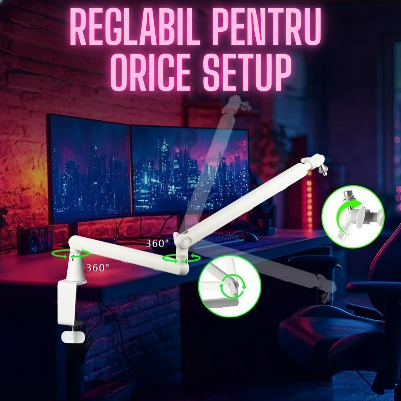 Brat pentru microfon AxaCube®, suport reglabil, rotatie 360°, corp aluminiu, tija de inaltare, cable management, greutate maxim suportata 2kg, alb [5]
