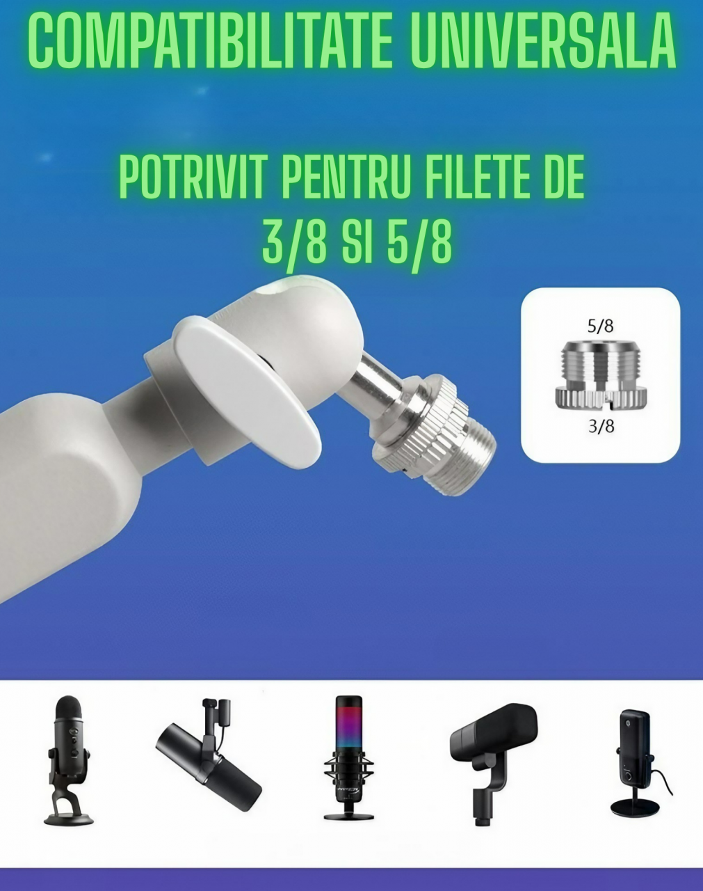 Brat pentru microfon AxaCube®, suport reglabil, rotatie 360°, corp aluminiu, tija de inaltare, cable management, greutate maxim suportata 2kg, alb [9]