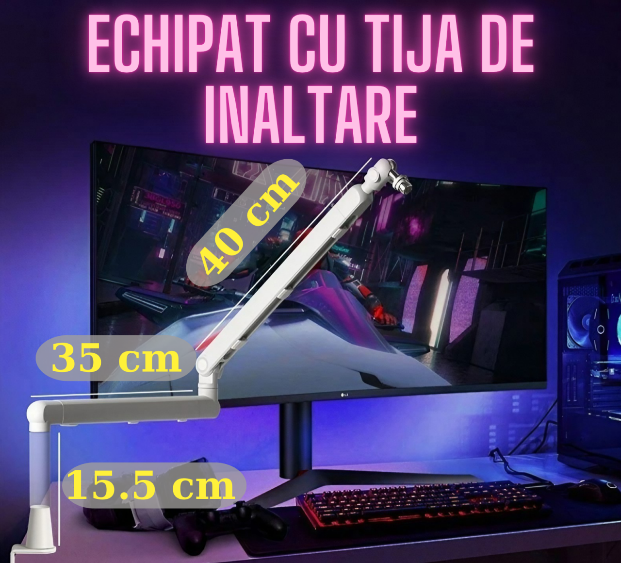 Brat pentru microfon AxaCube®, suport reglabil, rotatie 360°, corp aluminiu, tija de inaltare, cable management, greutate maxim suportata 2kg, alb [3]