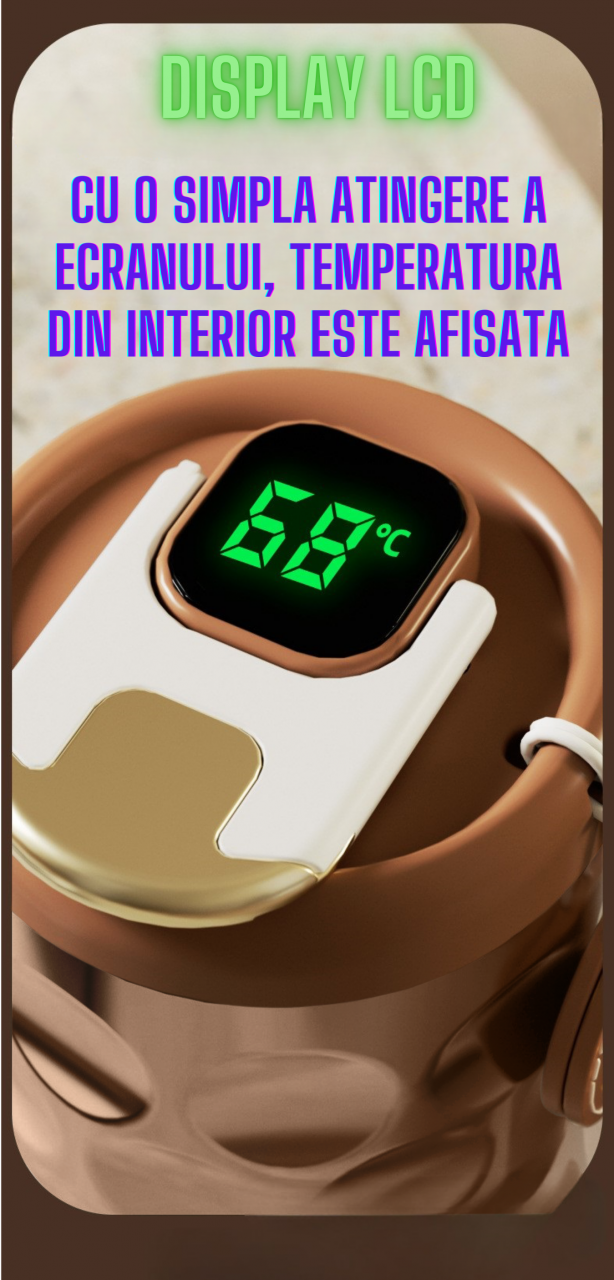 Cana termos AxaCube®, pentru cafea, capuccino, 410 ml, interior otel inoxidabil 316 captusit cu strat ceramic, izolare termica multistrat cu vacuum, ecran afisare temperatura, aur roz [7]