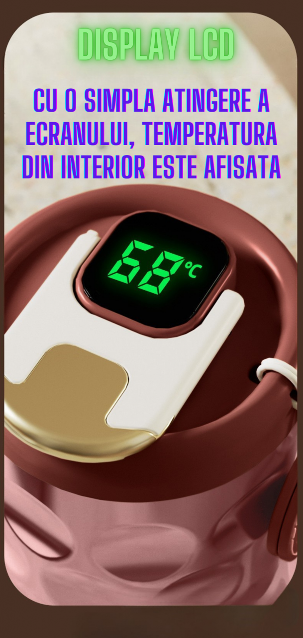 Cana termos AxaCube®, pentru cafea, capuccino, 410 ml, interior otel inoxidabil 316 captusit cu strat ceramic, izolare termica multistrat cu vacuum, ecran afisare temperatura, roz [3]