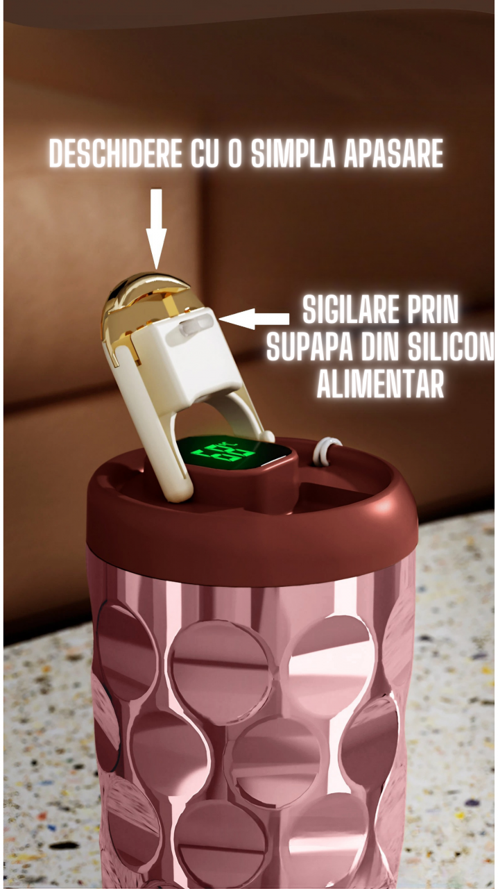 Cana termos AxaCube®, pentru cafea, capuccino, 410 ml, interior otel inoxidabil 316 captusit cu strat ceramic, izolare termica multistrat cu vacuum, ecran afisare temperatura, roz [4]