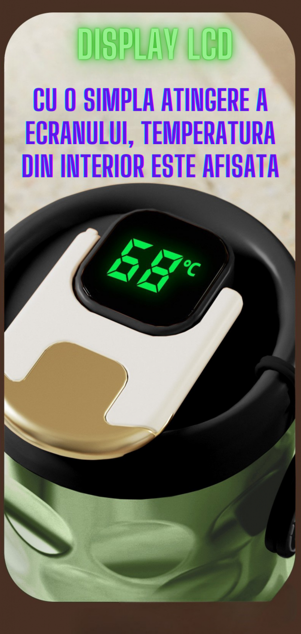 Cana termos AxaCube®, pentru cafea, capuccino, 410 ml, interior otel inoxidabil 316 captusit cu strat ceramic, izolare termica multistrat cu vacuum, ecran afisare temperatura, verde [3]